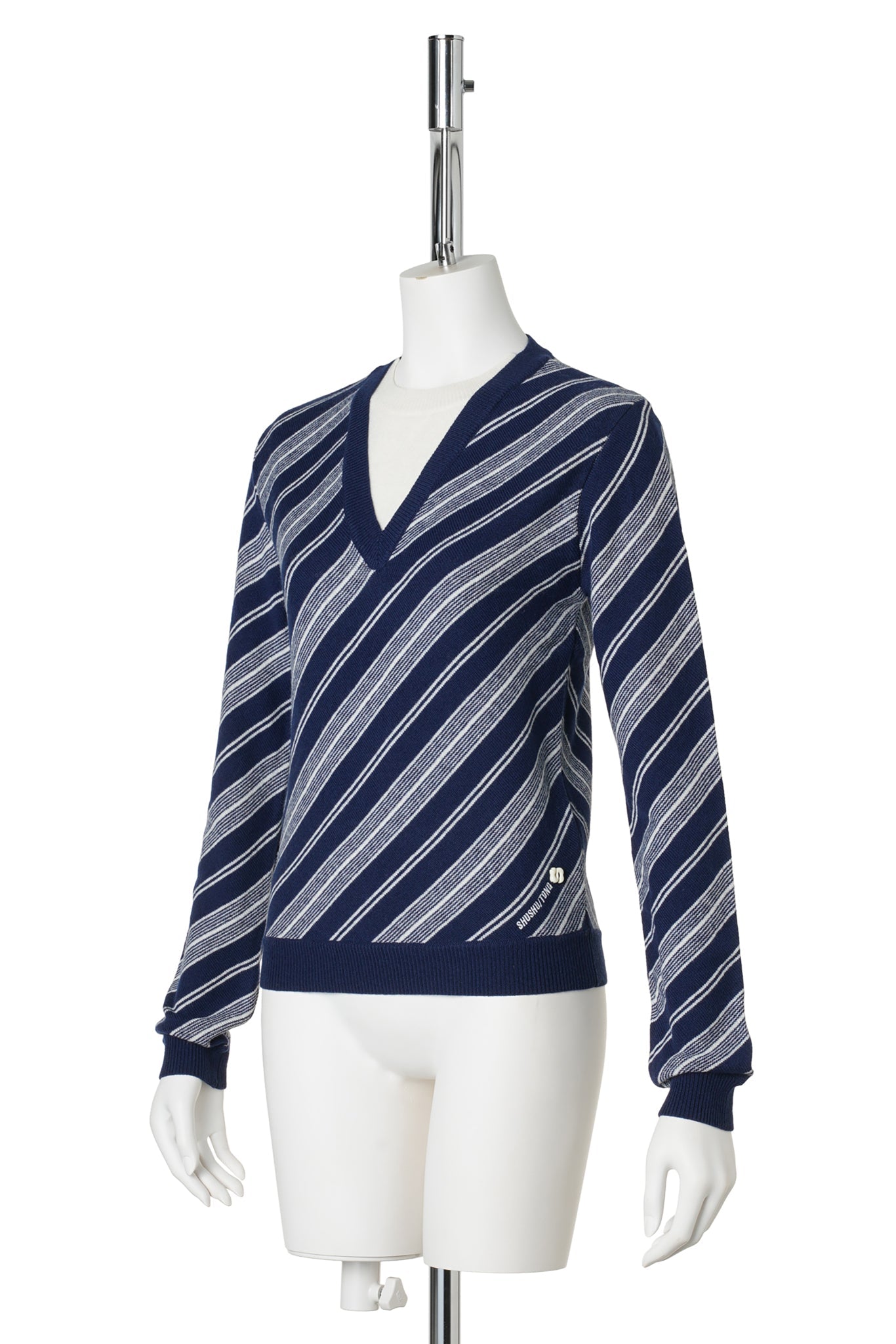 V-NECK FITTED TWILL KNIT TOP / BLUE STRIPE