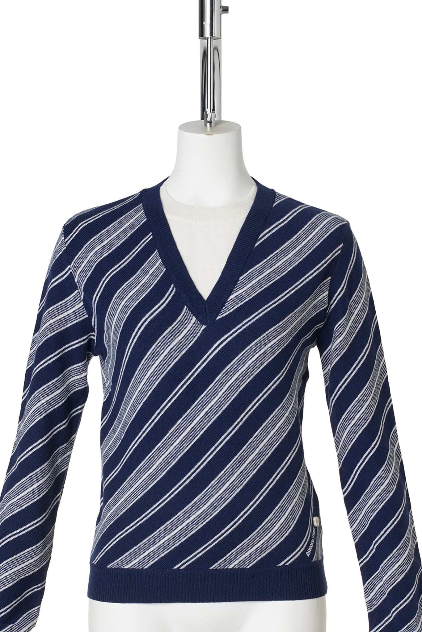 V-NECK FITTED TWILL KNIT TOP / BLUE STRIPE