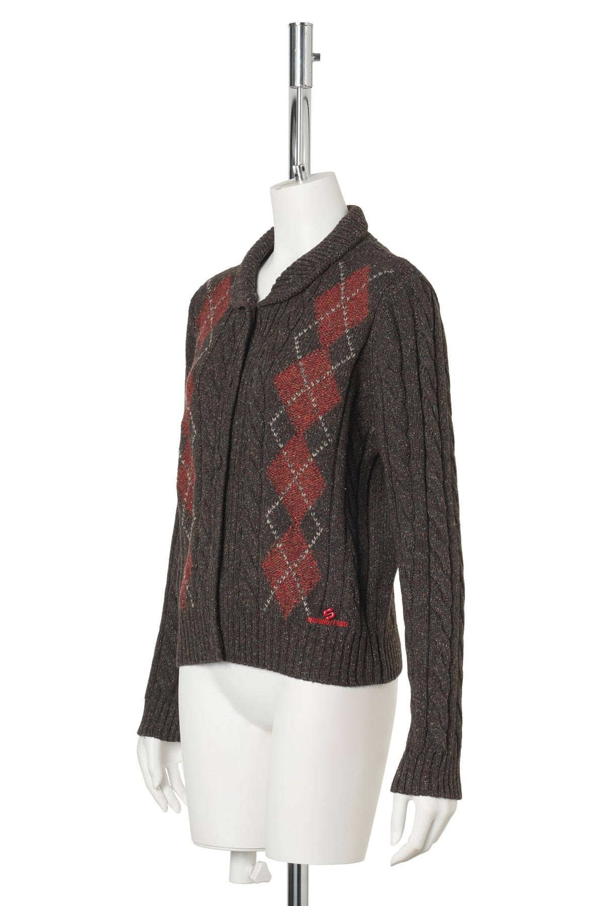RETRO COLOR-BLOCKED DIAMOND KNIT CARDIGAN / BROWN