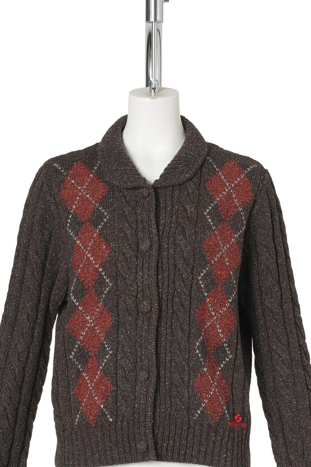 RETRO COLOR-BLOCKED DIAMOND KNIT CARDIGAN / BROWN