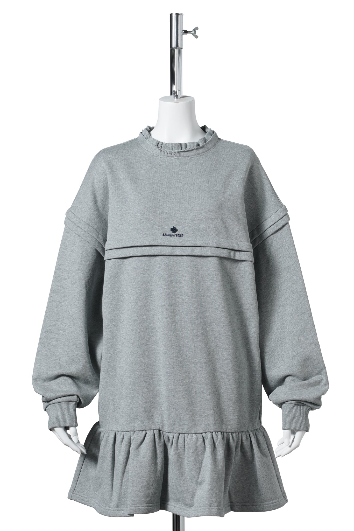 RAW-EDGE WAVE COLLAR TUCK DETAIL SWEATSHIRT DRESS / GREY