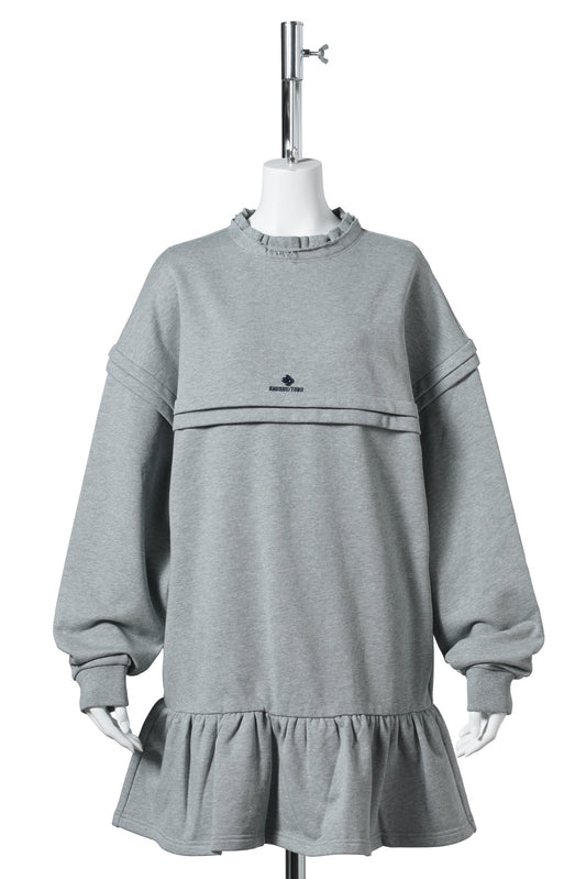 RAW-EDGE WAVE COLLAR TUCK DETAIL SWEATSHIRT DRESS / GREY
