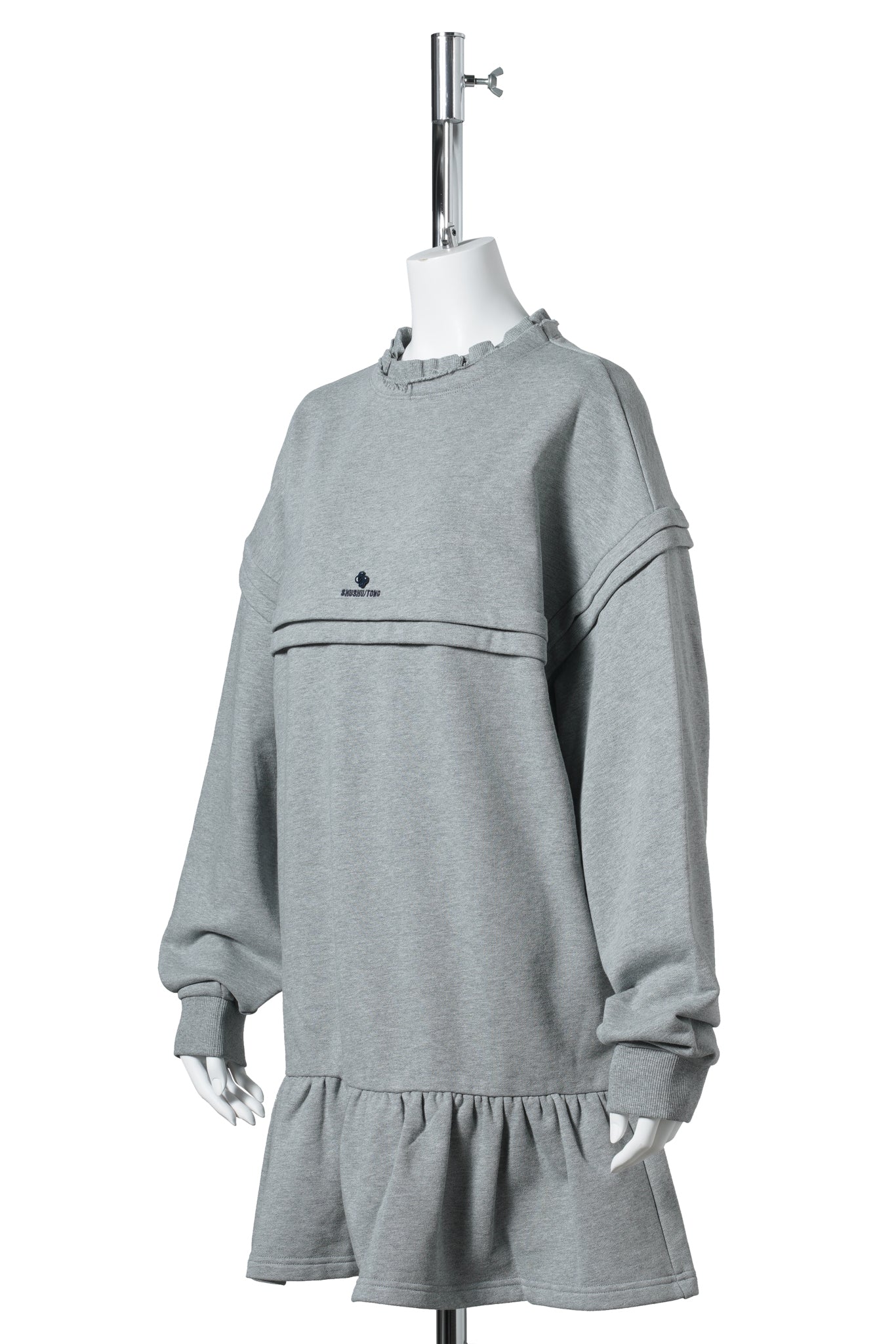 RAW-EDGE WAVE COLLAR TUCK DETAIL SWEATSHIRT DRESS / GREY