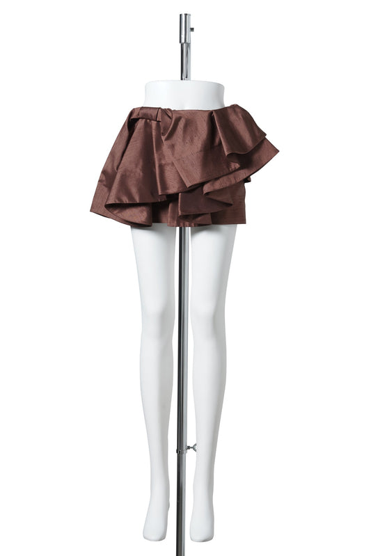 ASYMMETRICAL BOW & RUFFLE SKIRT / BROWN