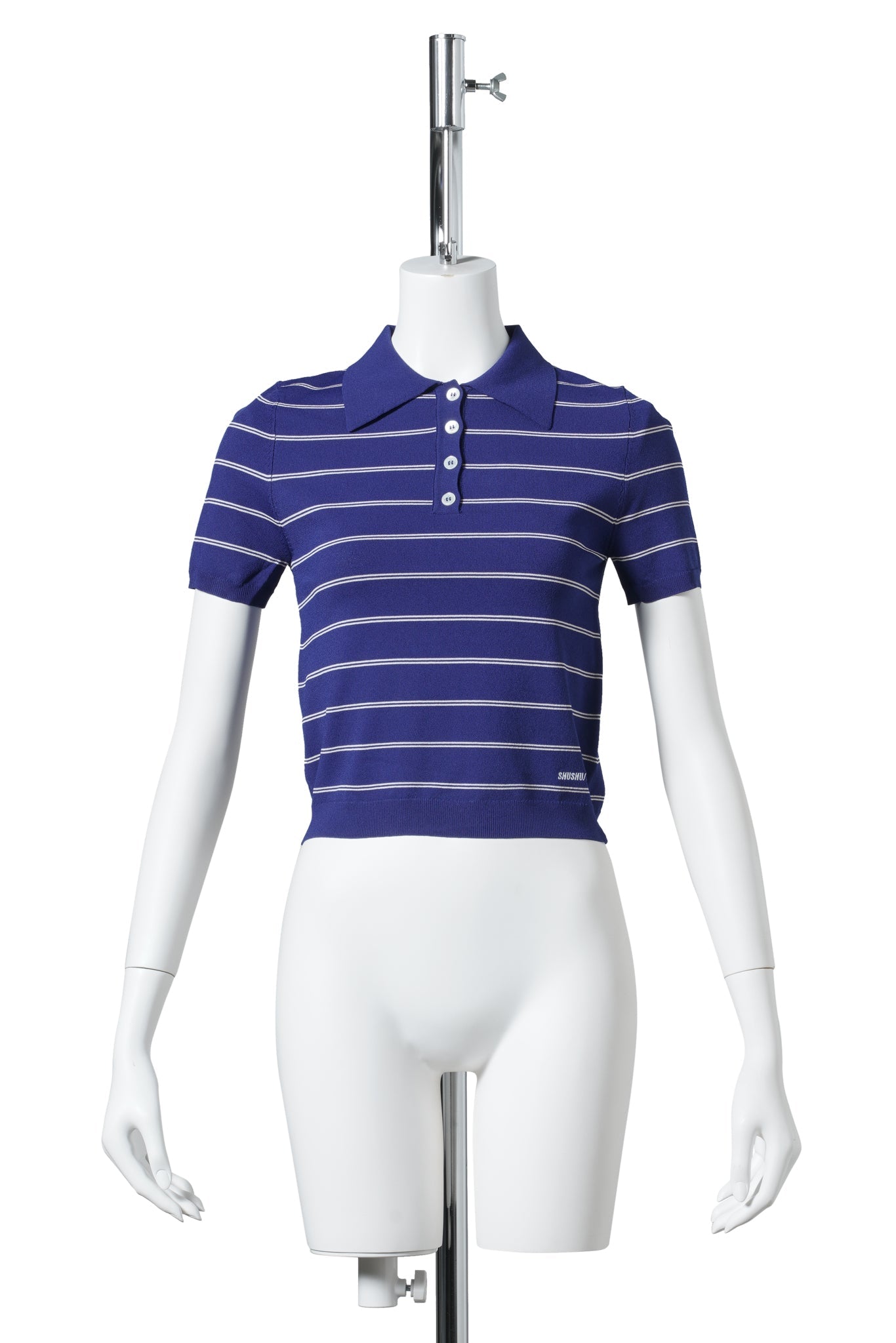 STRIPED KNIT POLO SHIRT / NAVY BLUE