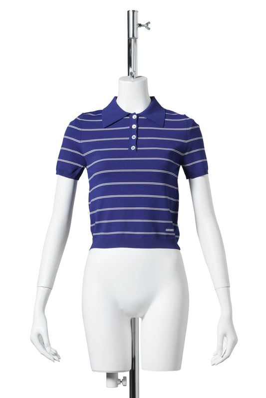STRIPED KNIT POLO SHIRT / NAVY BLUE