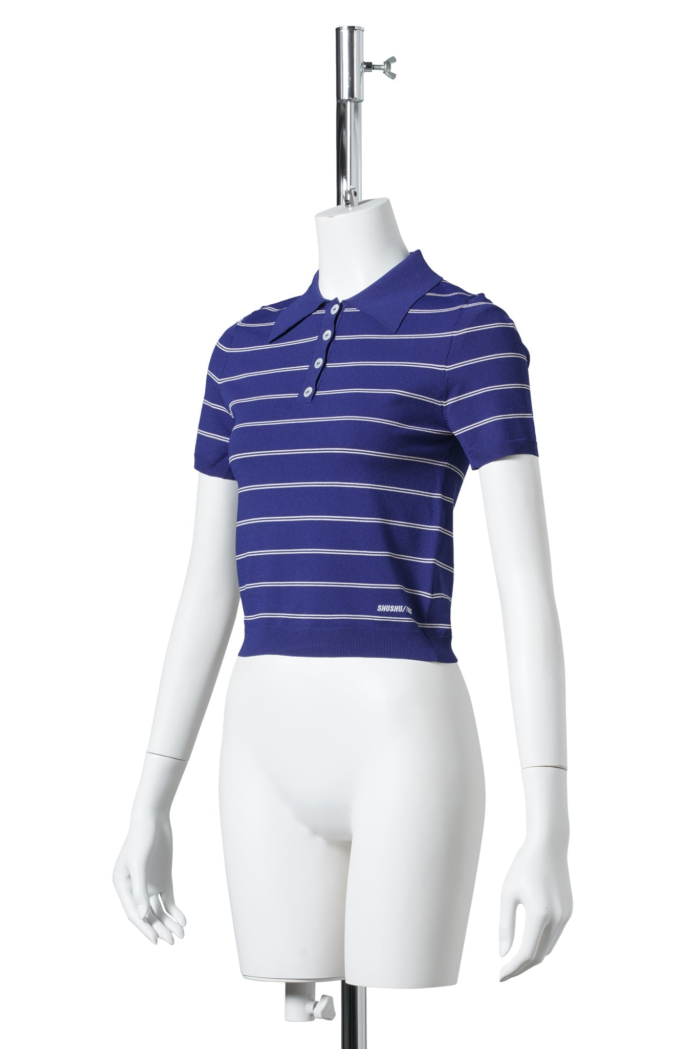 STRIPED KNIT POLO SHIRT / NAVY BLUE