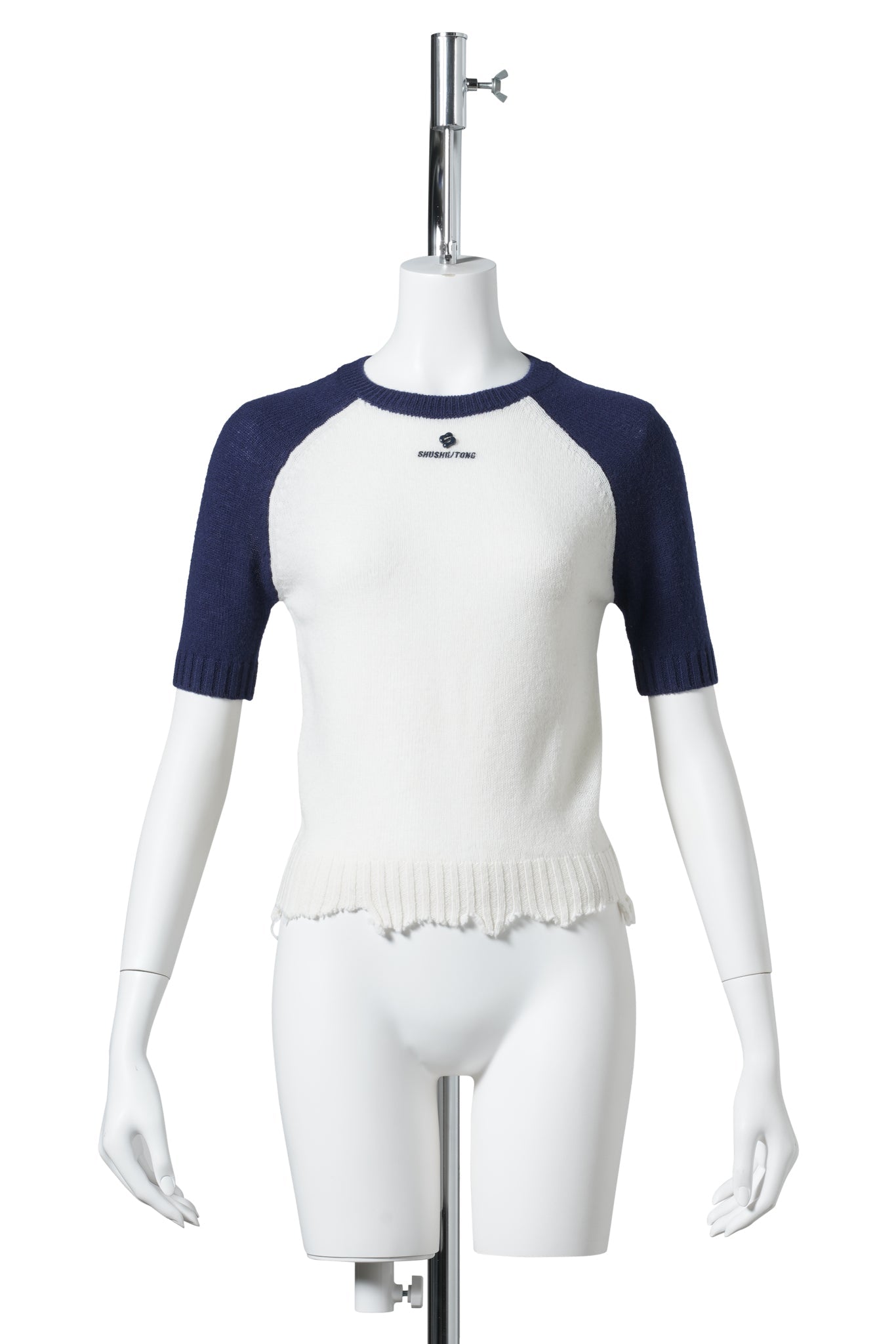 COLOR-BLOCK RAW-EDGE SHORT-SLEEVE KNIT TOP / WHITE