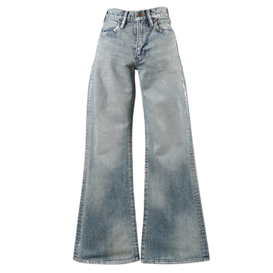 FOILED DENIM TROUSERS FLARED CUT / INDIGO