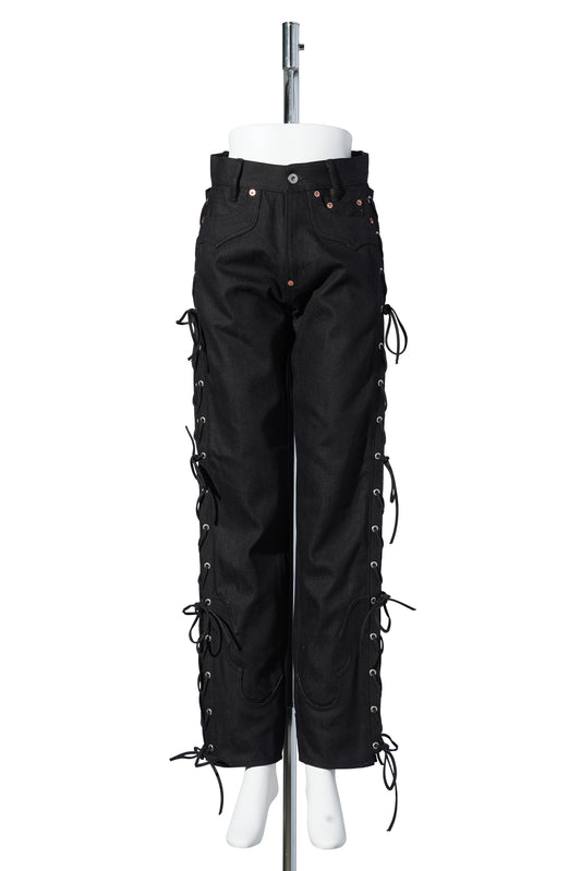 TWISTED HEATHER DENIM PANTS / RED x BLACK