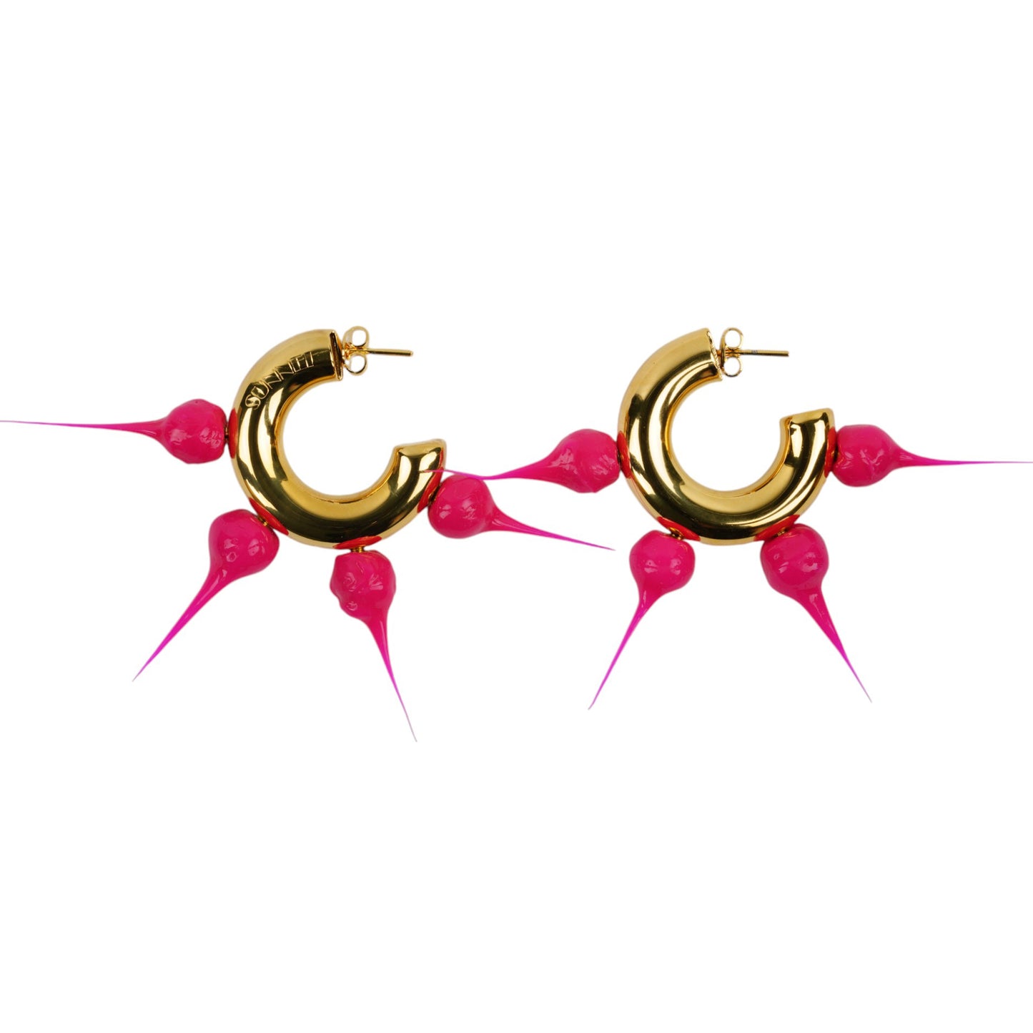 SPIKE RUBBERIZED SMALL HOOP EARRINGS / 8147:GOLD/FUXIA