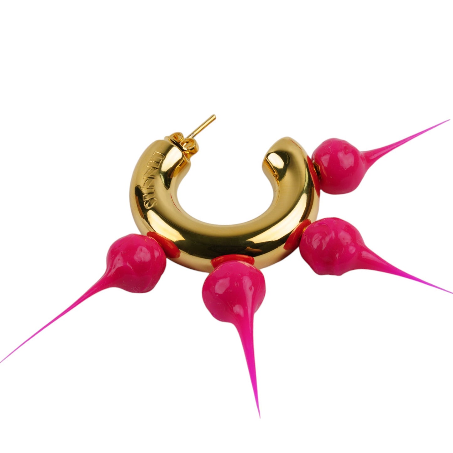 SPIKE RUBBERIZED SMALL HOOP EARRINGS / 8147:GOLD/FUXIA