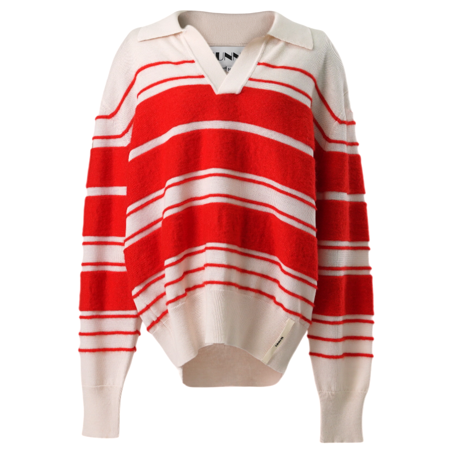 STRIPED KNIT LS POLO / 8120:OFFWHITE/ACID RED