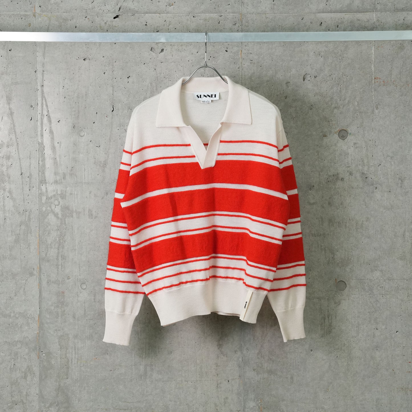 STRIPED KNIT LS POLO / 8120:OFFWHITE/ACID RED