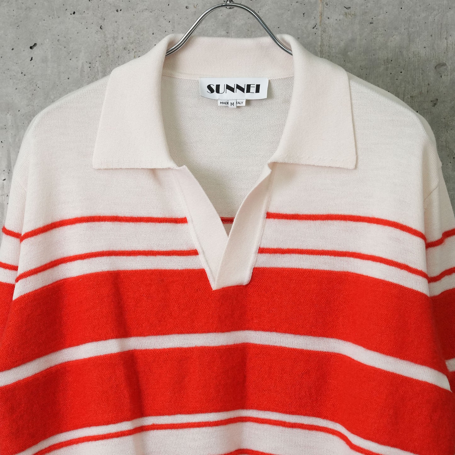 STRIPED KNIT LS POLO / 8120:OFFWHITE/ACID RED