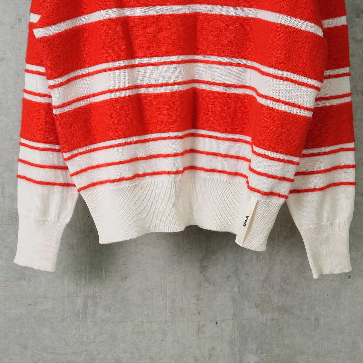 STRIPED KNIT LS POLO / 8120:OFFWHITE/ACID RED