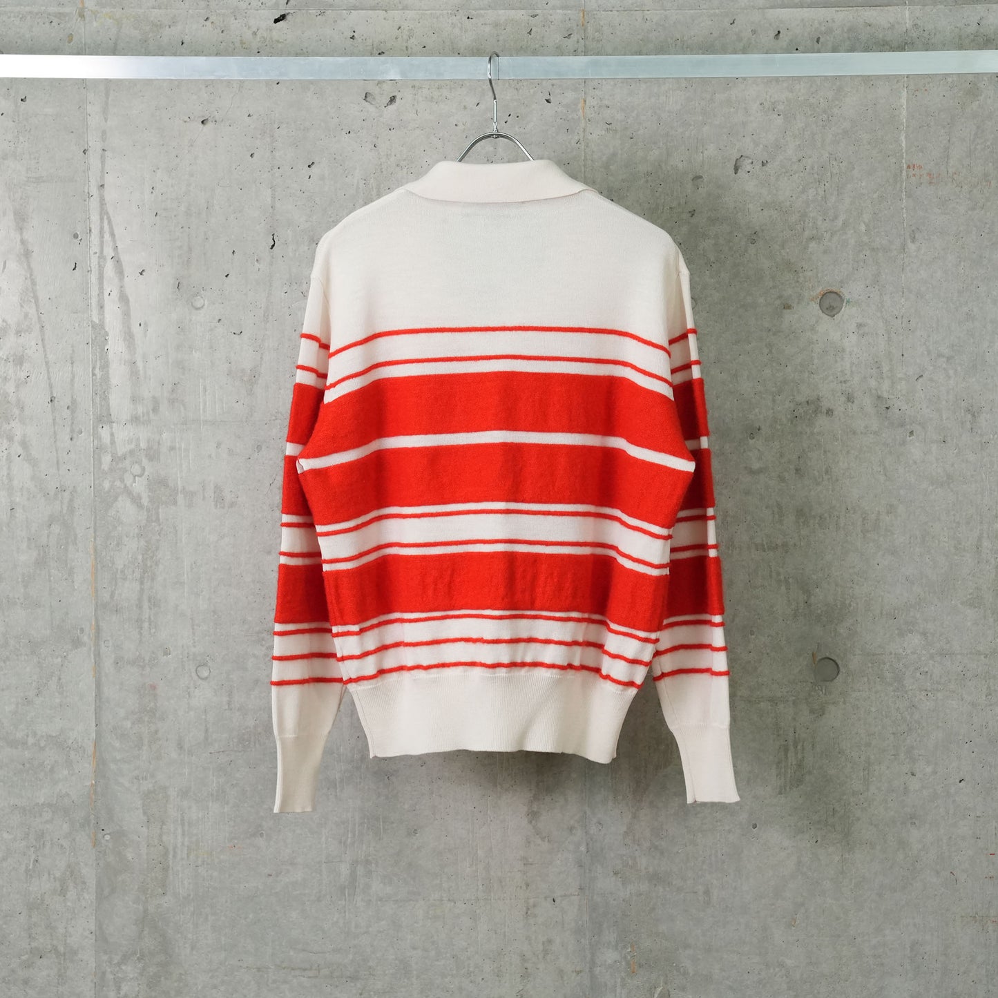 STRIPED KNIT LS POLO / 8120:OFFWHITE/ACID RED