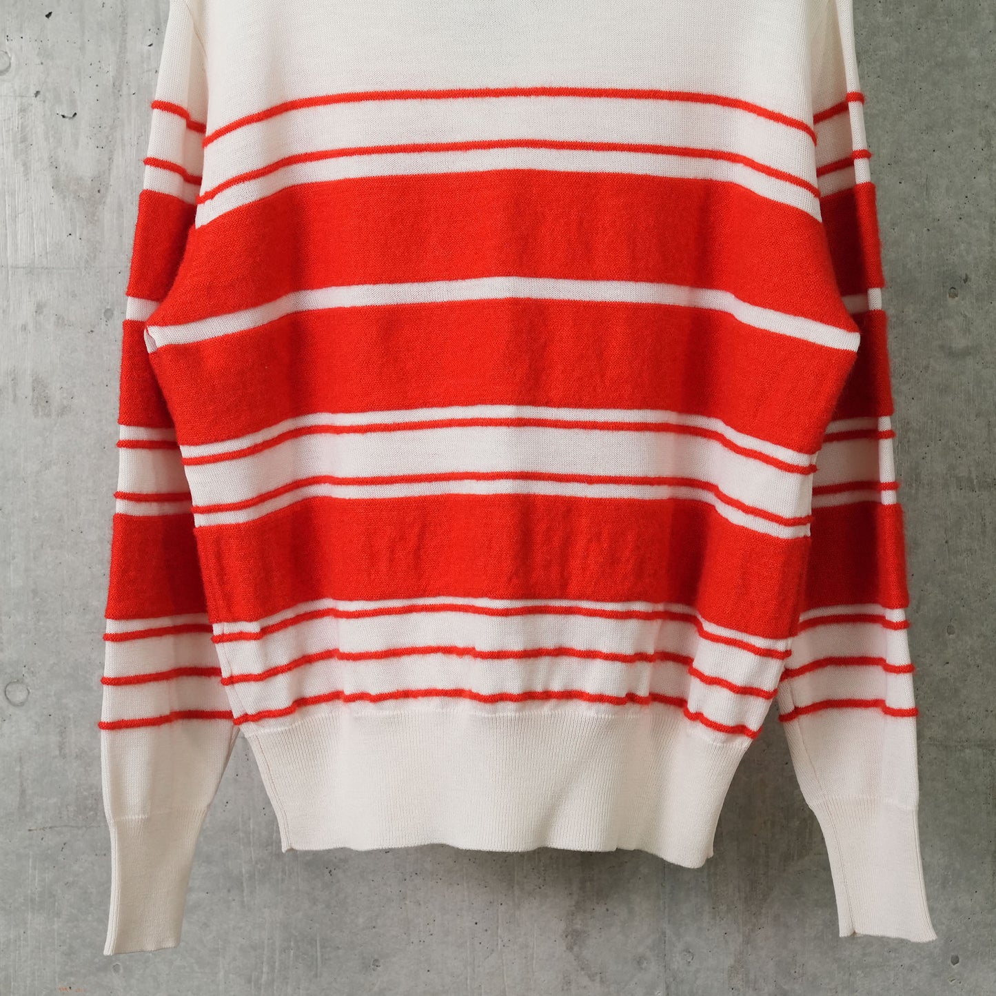 STRIPED KNIT LS POLO / 8120:OFFWHITE/ACID RED