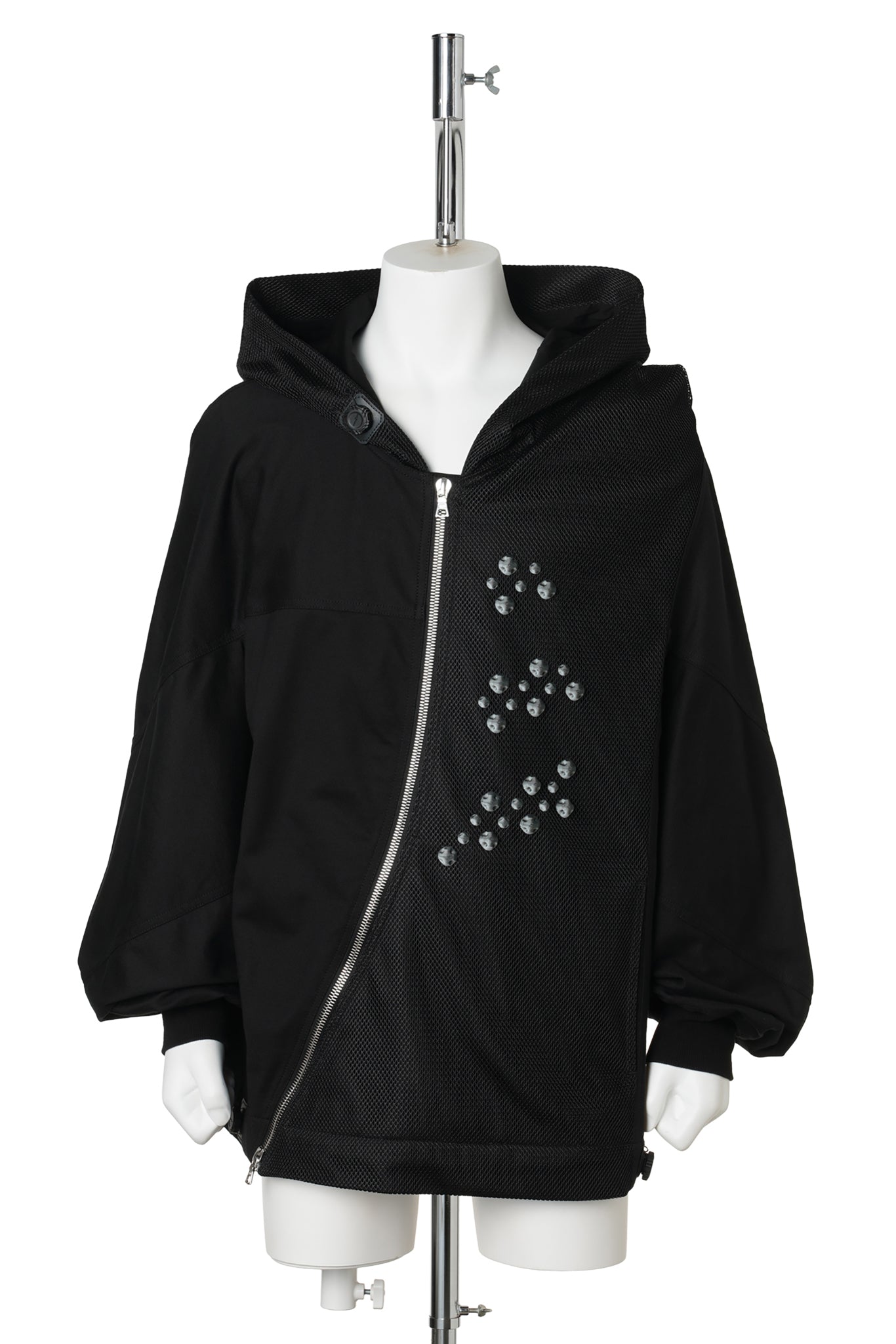 3D PRINTED SPIRAL ZIP UP HOODIE / BALCK&WHITE 3D PRINTED BLACK MESH+BLACK COTTON