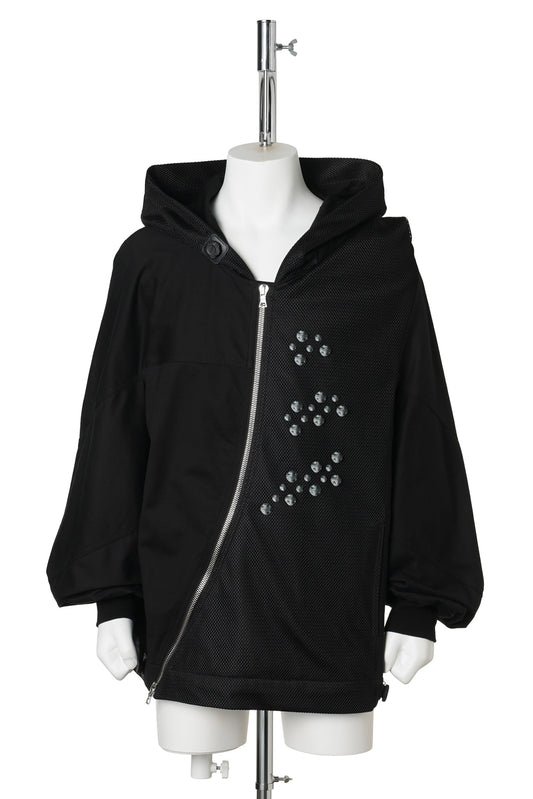 3D PRINTED SPIRAL ZIP UP HOODIE / BALCK&WHITE 3D PRINTED BLACK MESH+BLACK COTTON