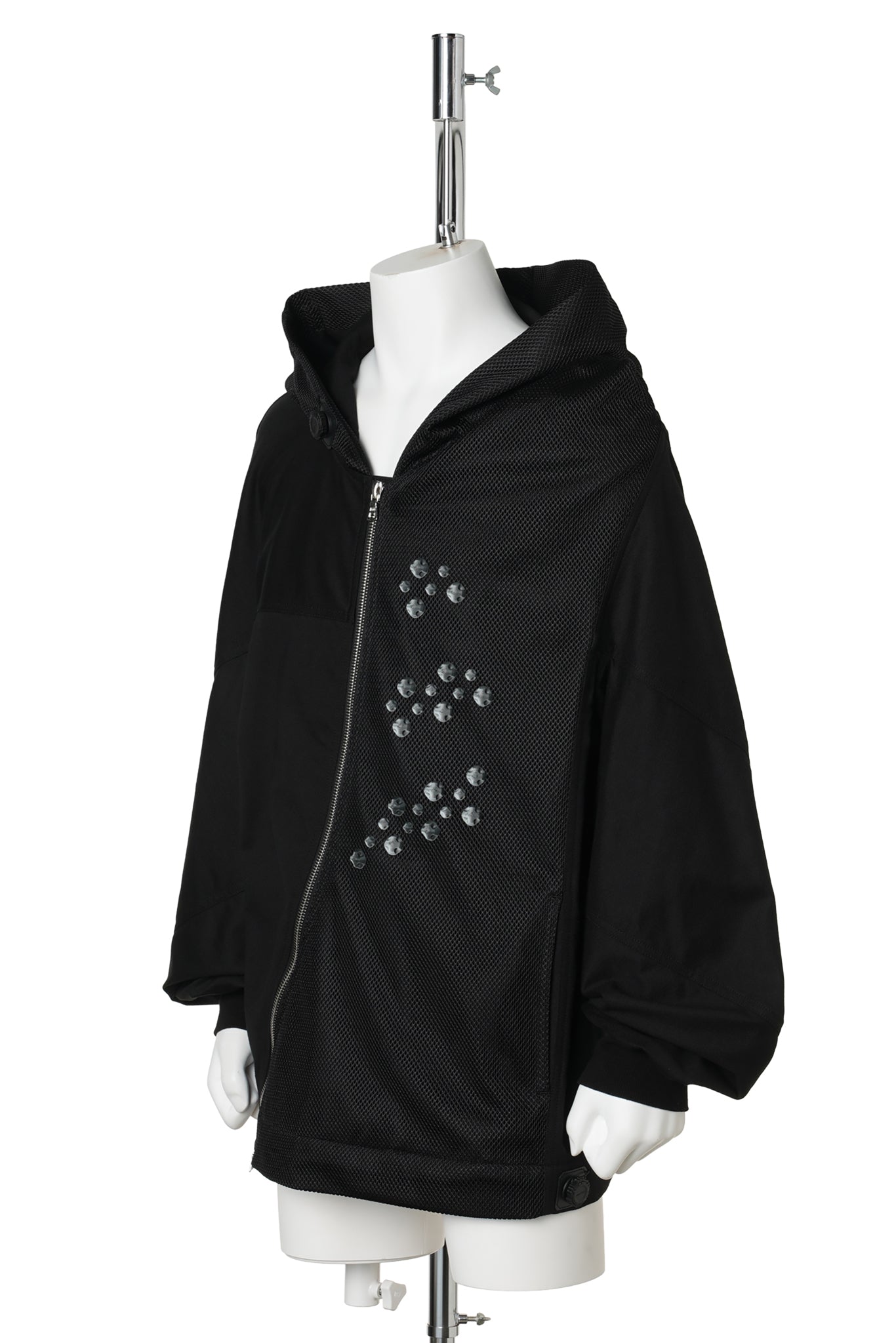 3D PRINTED SPIRAL ZIP UP HOODIE / BALCK&WHITE 3D PRINTED BLACK MESH+BLACK COTTON