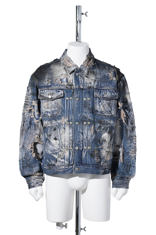 HARD-WASHED DAMAGED DENIM JACKET / BLUE