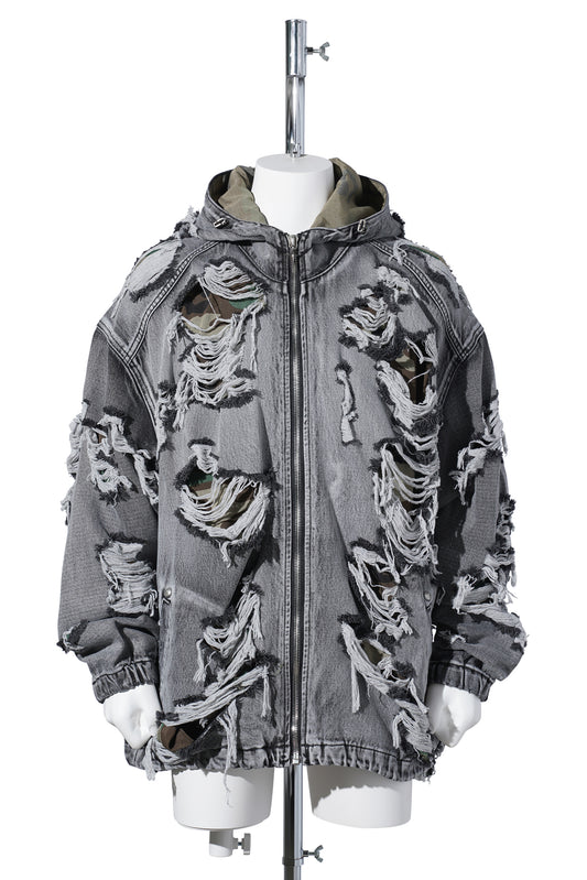 HELL DENIM CAMO HOODED ZIP-UP / BLACK