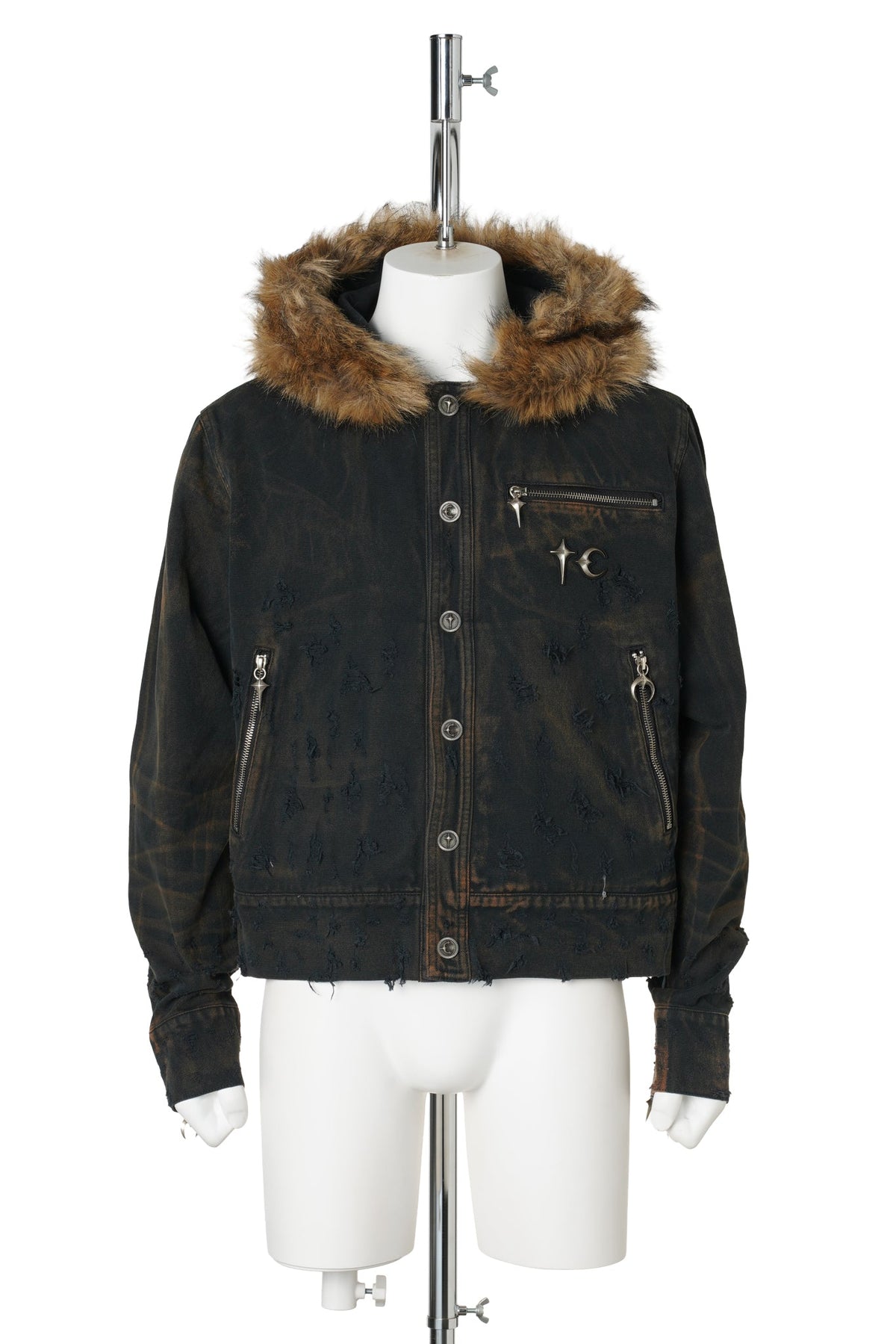 TC TWO TONE WASHED FUR HOODED JACKET / RUST BLACK