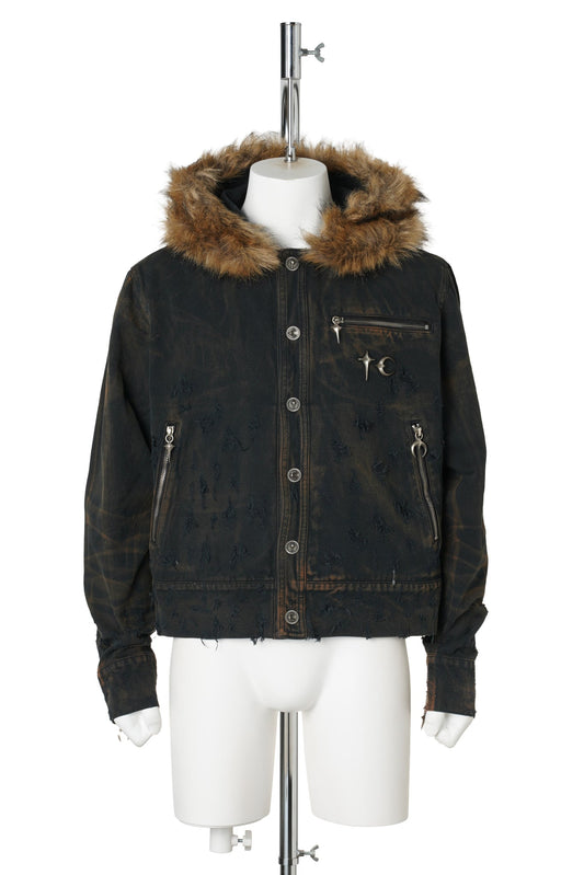 TC TWO TONE WASHED FUR HOODED JACKET / RUST BLACK