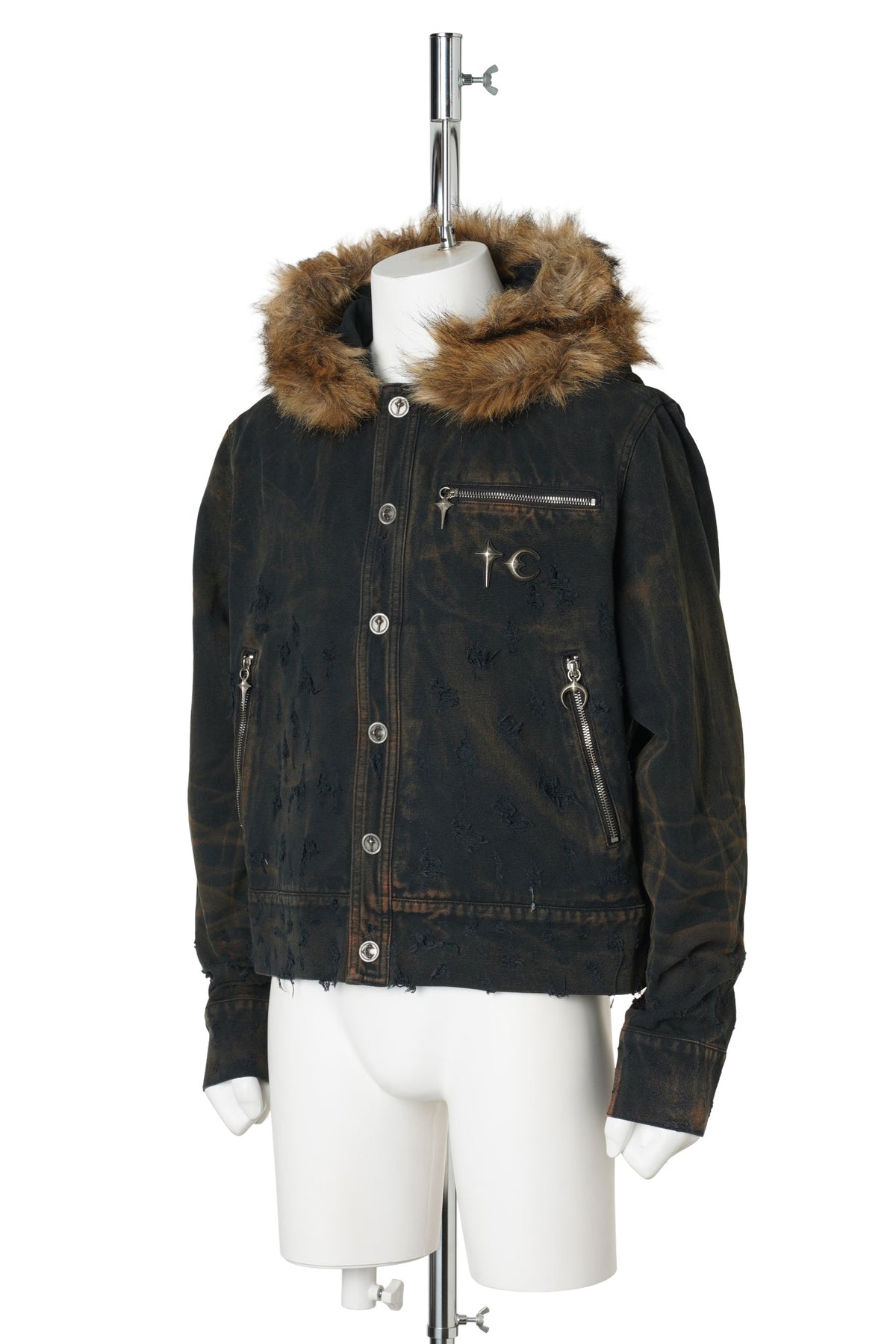 TC TWO TONE WASHED FUR HOODED JACKET / RUST BLACK