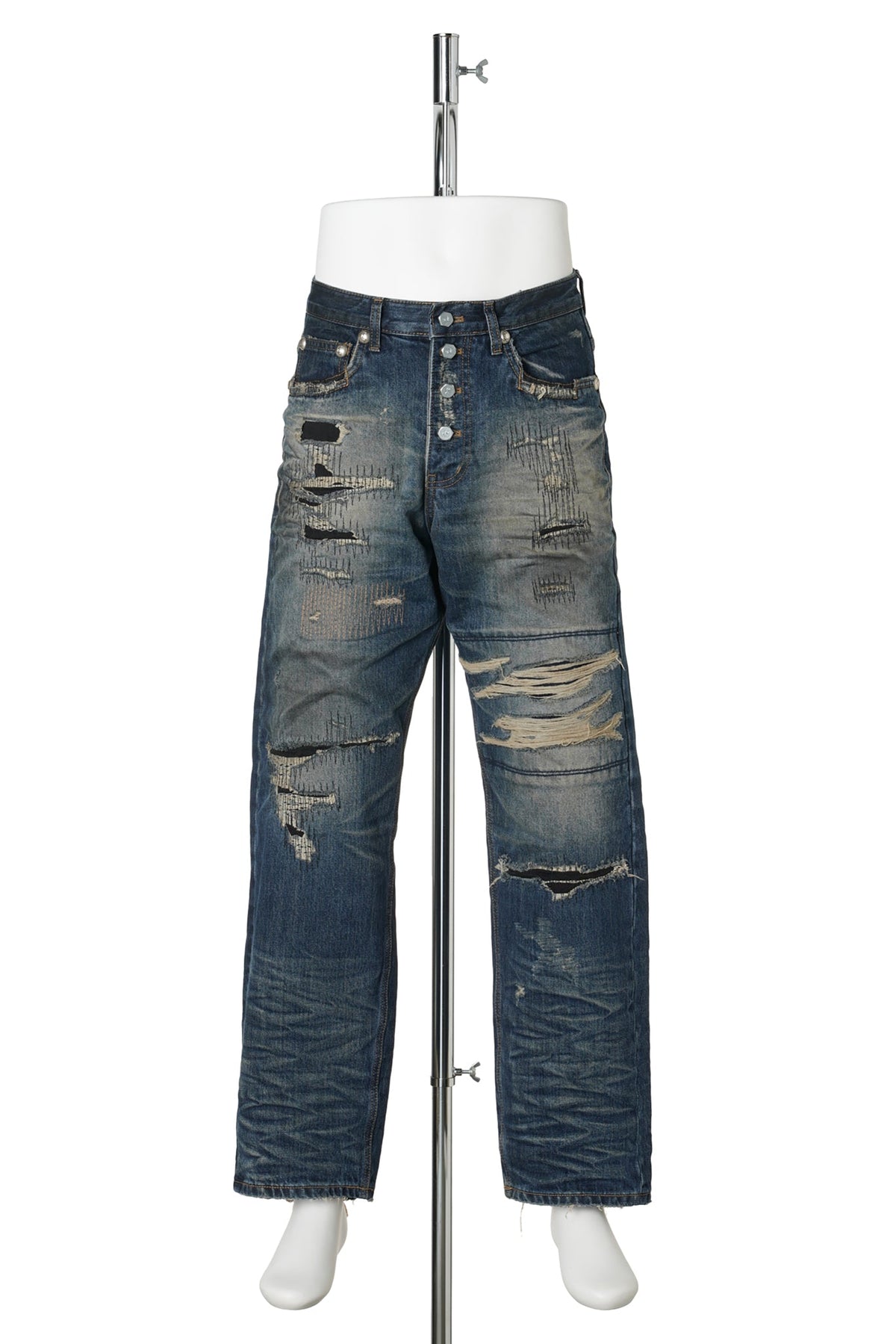 SKULL STITCH RIPPED DENIM PANTS / BLUE