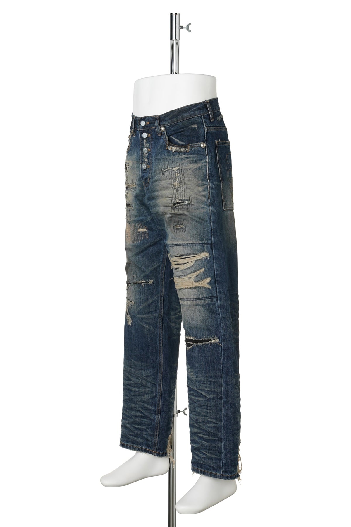 SKULL STITCH RIPPED DENIM PANTS / BLUE