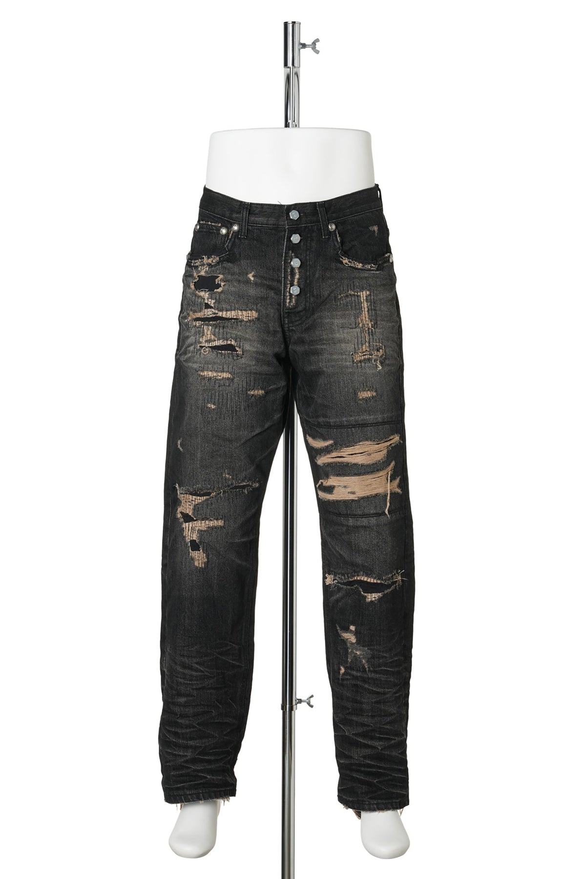 SKULL STITCH RIPPED DENIM PANTS / BLACK