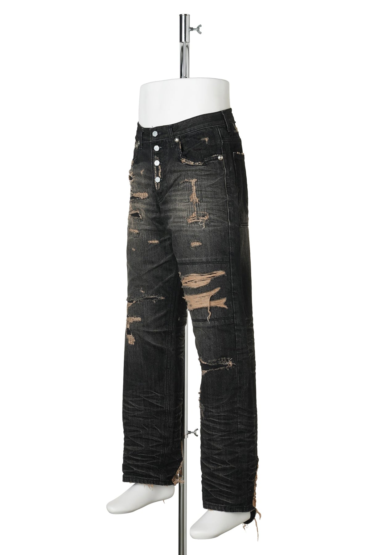 SKULL STITCH RIPPED DENIM PANTS / BLACK