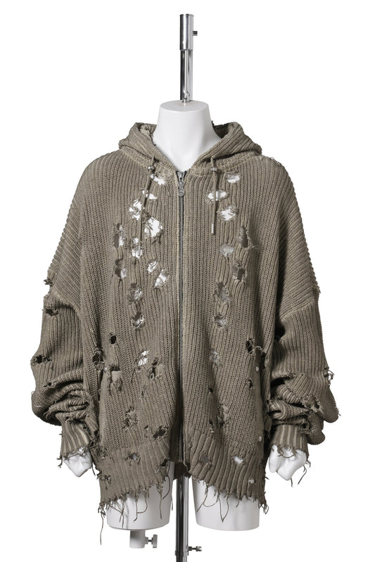 TC DESTROYED KNIT ZIP-UP HOODIE / BEIGE
