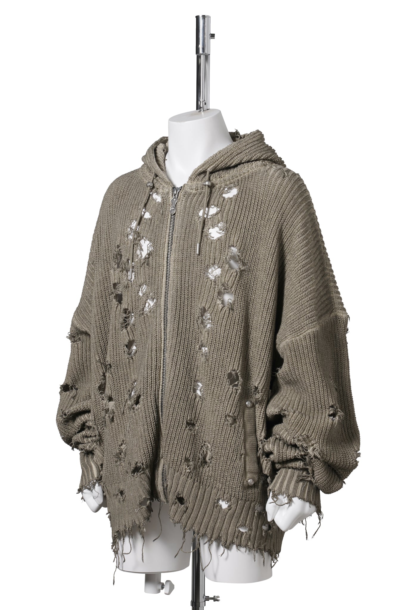 TC DESTROYED KNIT ZIP-UP HOODIE / BEIGE