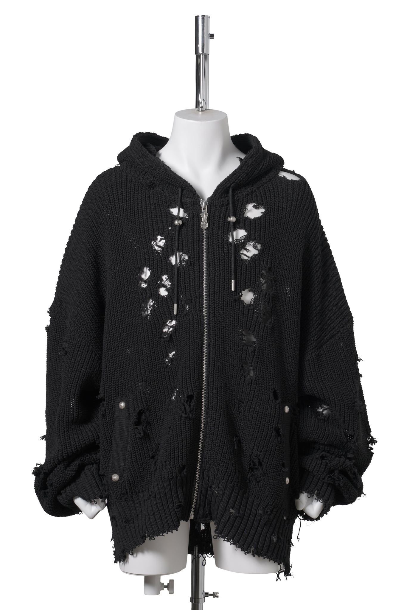 TC DESTROYED KNIT ZIP-UP HOODIE / BLACK