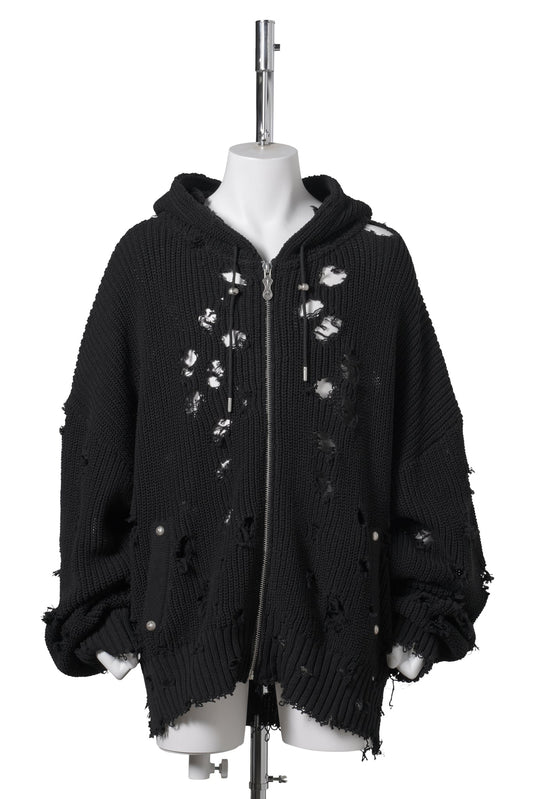TC DESTROYED KNIT ZIP-UP HOODIE / BLACK