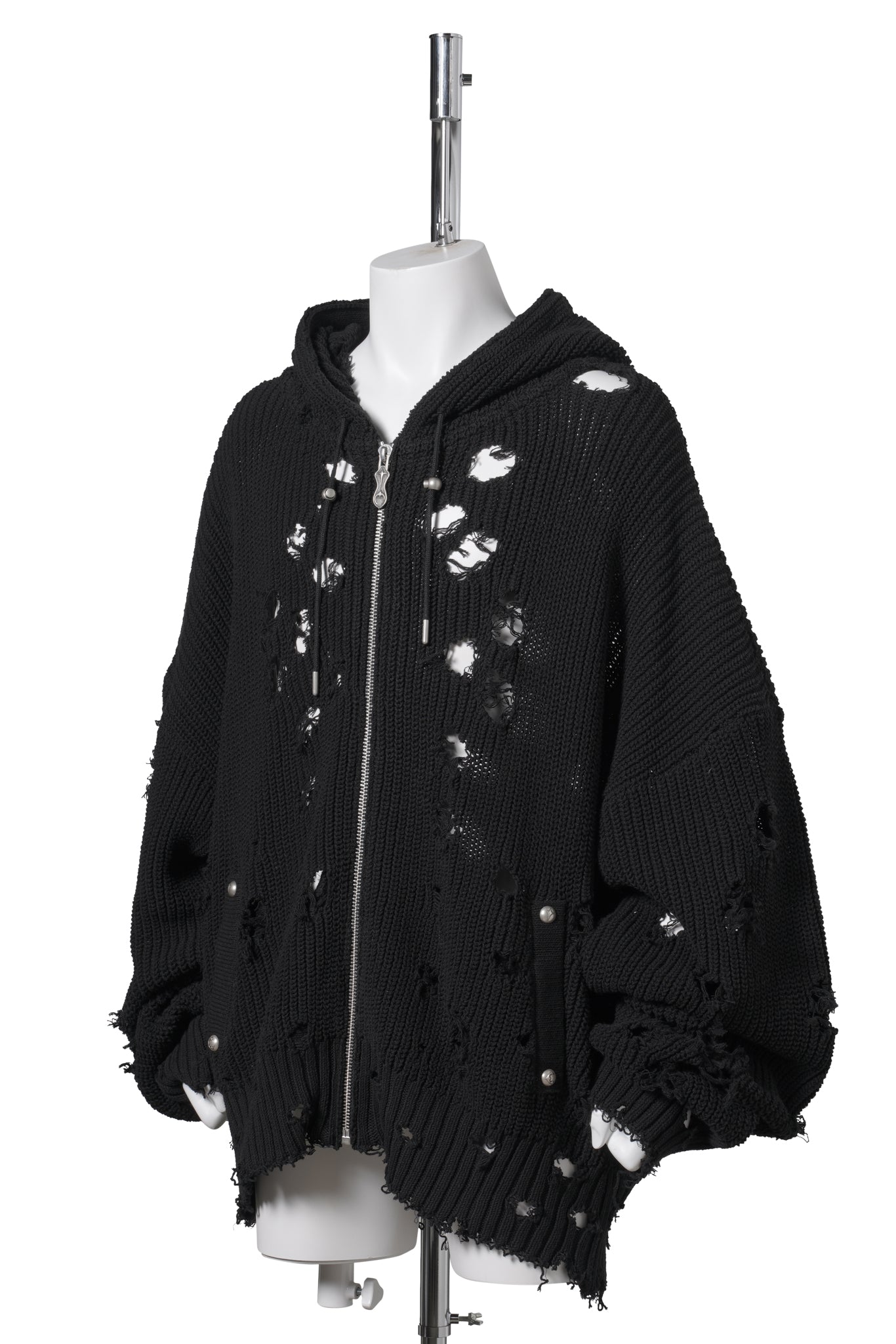 TC DESTROYED KNIT ZIP-UP HOODIE / BLACK