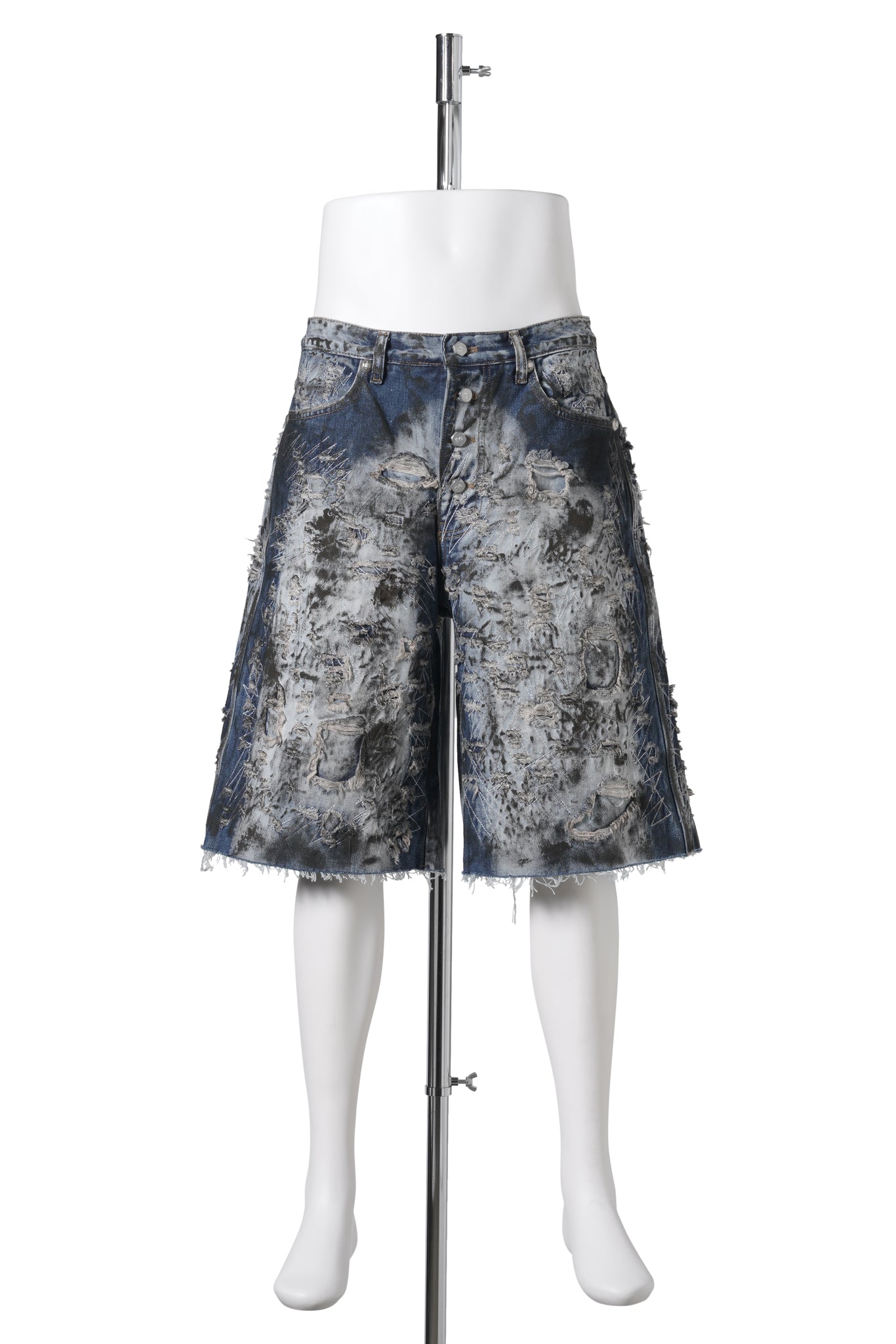 HARD WASHED DESTROYED DENIM SHORTS / BLUE