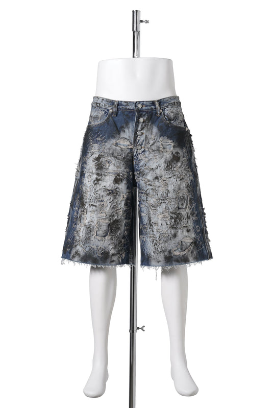 HARD WASHED DESTROYED DENIM SHORTS / BLUE
