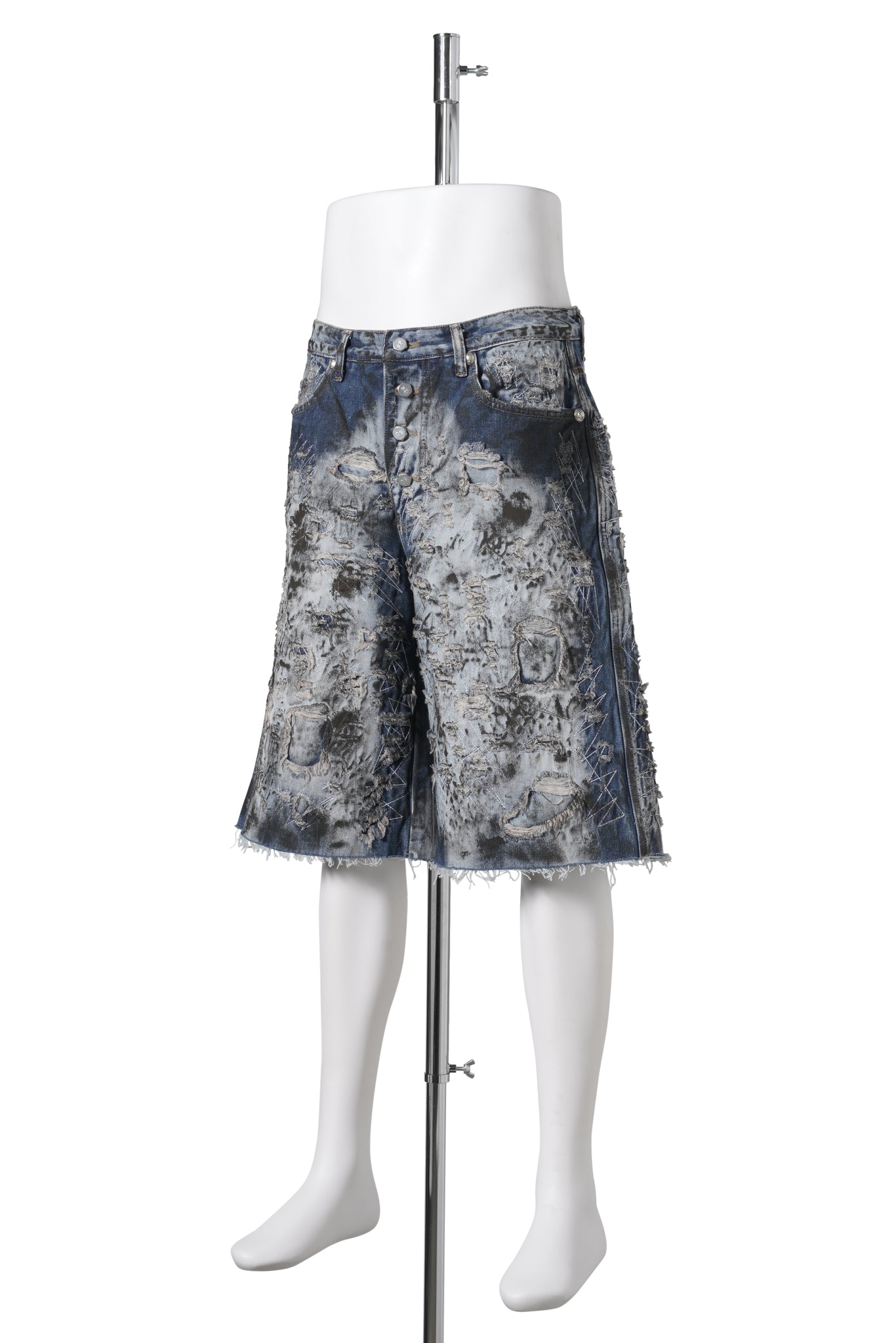 HARD WASHED DESTROYED DENIM SHORTS / BLUE