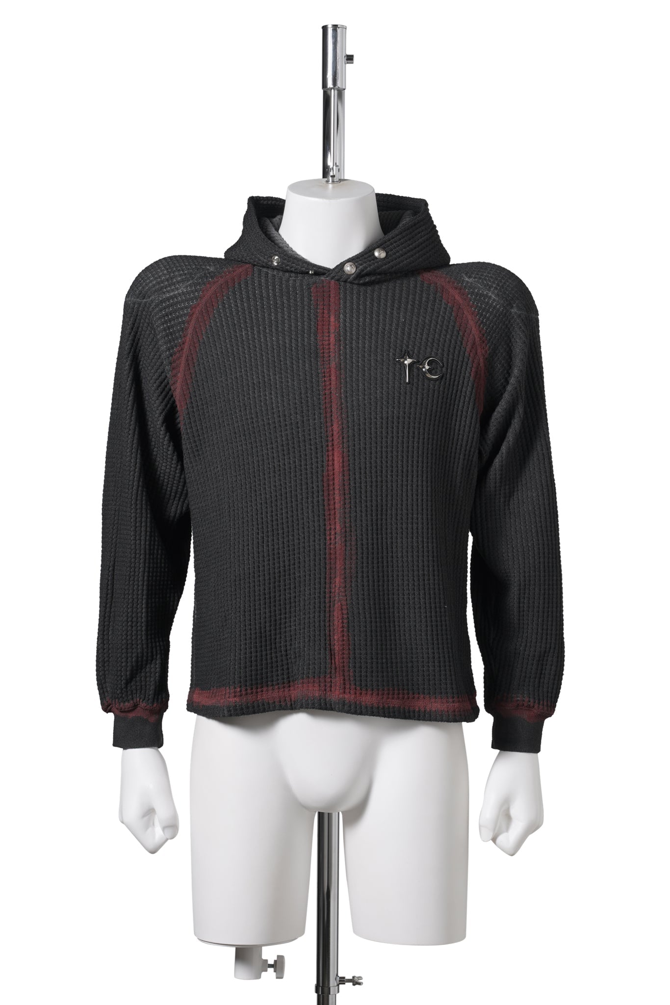 BULK SHOULDER PAINTED LINE WAFFLE HOODIE / BLACK/RED