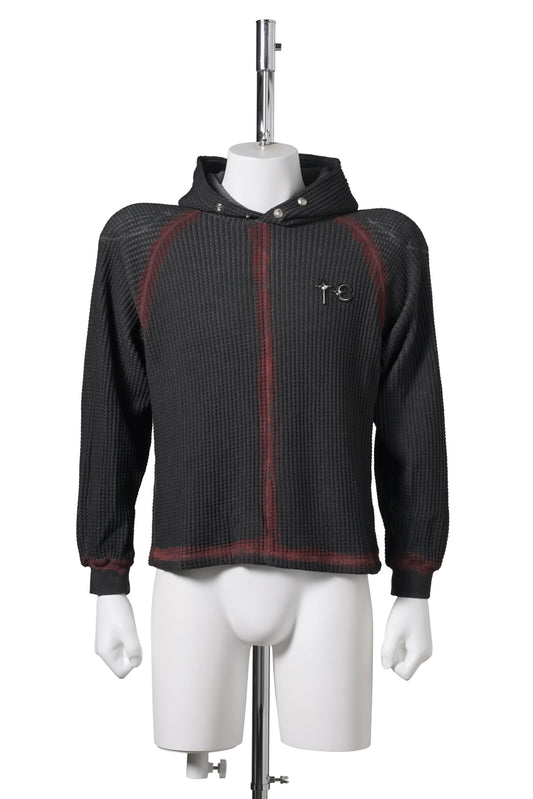 BULK SHOULDER PAINTED LINE WAFFLE HOODIE / BLACK/RED