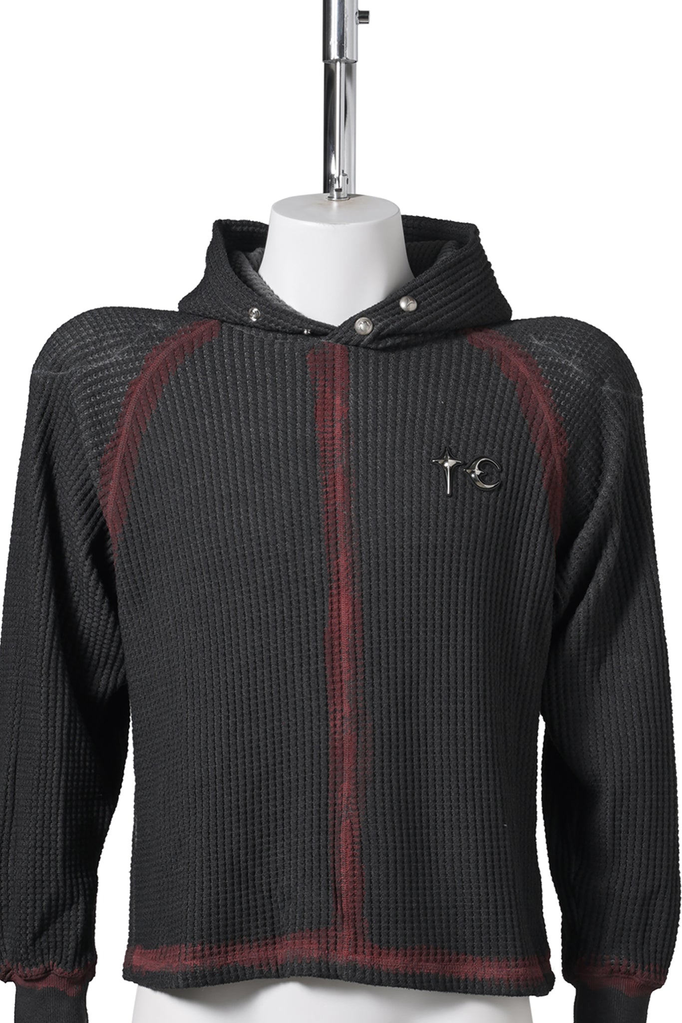 BULK SHOULDER PAINTED LINE WAFFLE HOODIE / BLACK/RED