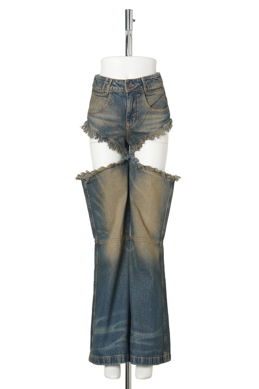 DIRTY THIGH HOLE BELL BOTTOM JEAN / BLUE