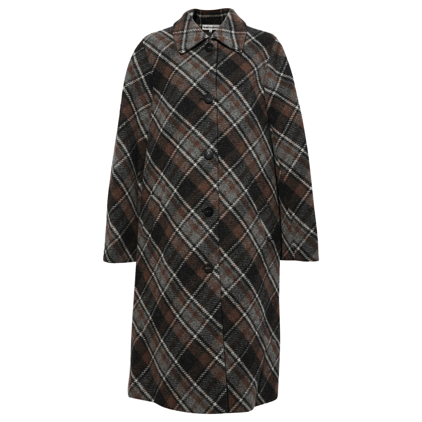 PLAID WOOL PATCHWORK LONG COAT / BROWN