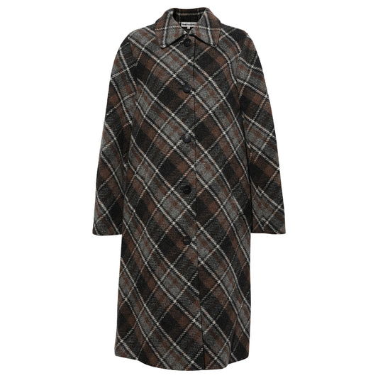 PLAID WOOL PATCHWORK LONG COAT / BROWN