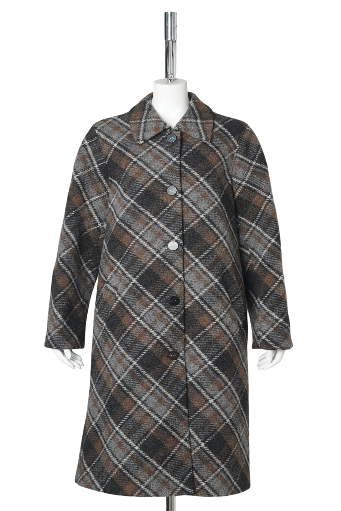 PLAID WOOL PATCHWORK LONG COAT / BROWN