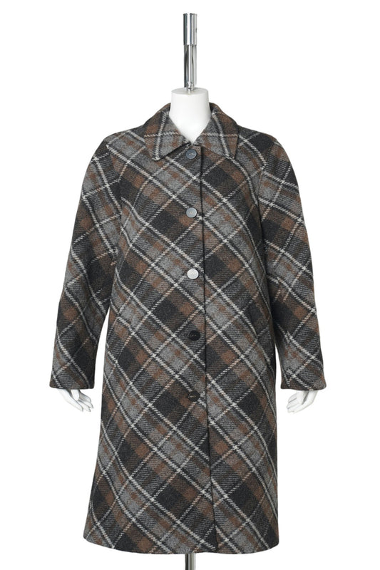 PLAID WOOL PATCHWORK LONG COAT / BROWN